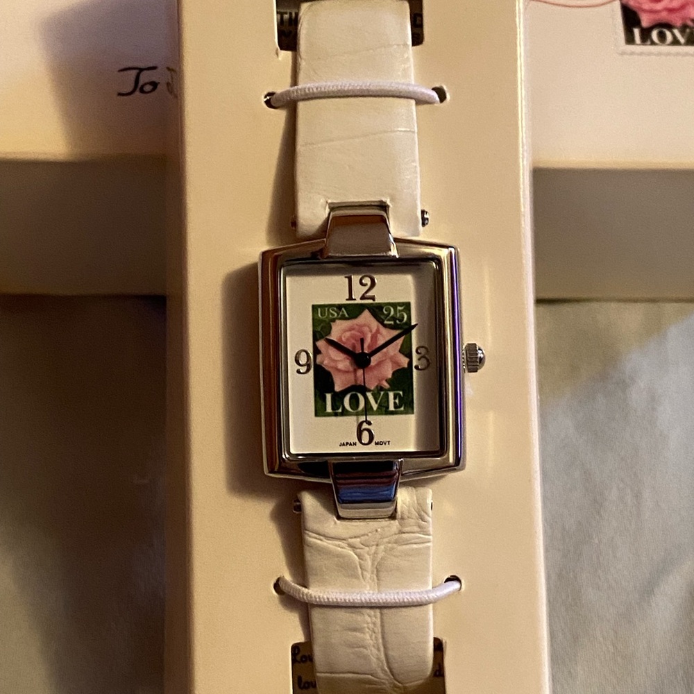 White Leather Strap Watch with Love Dial
